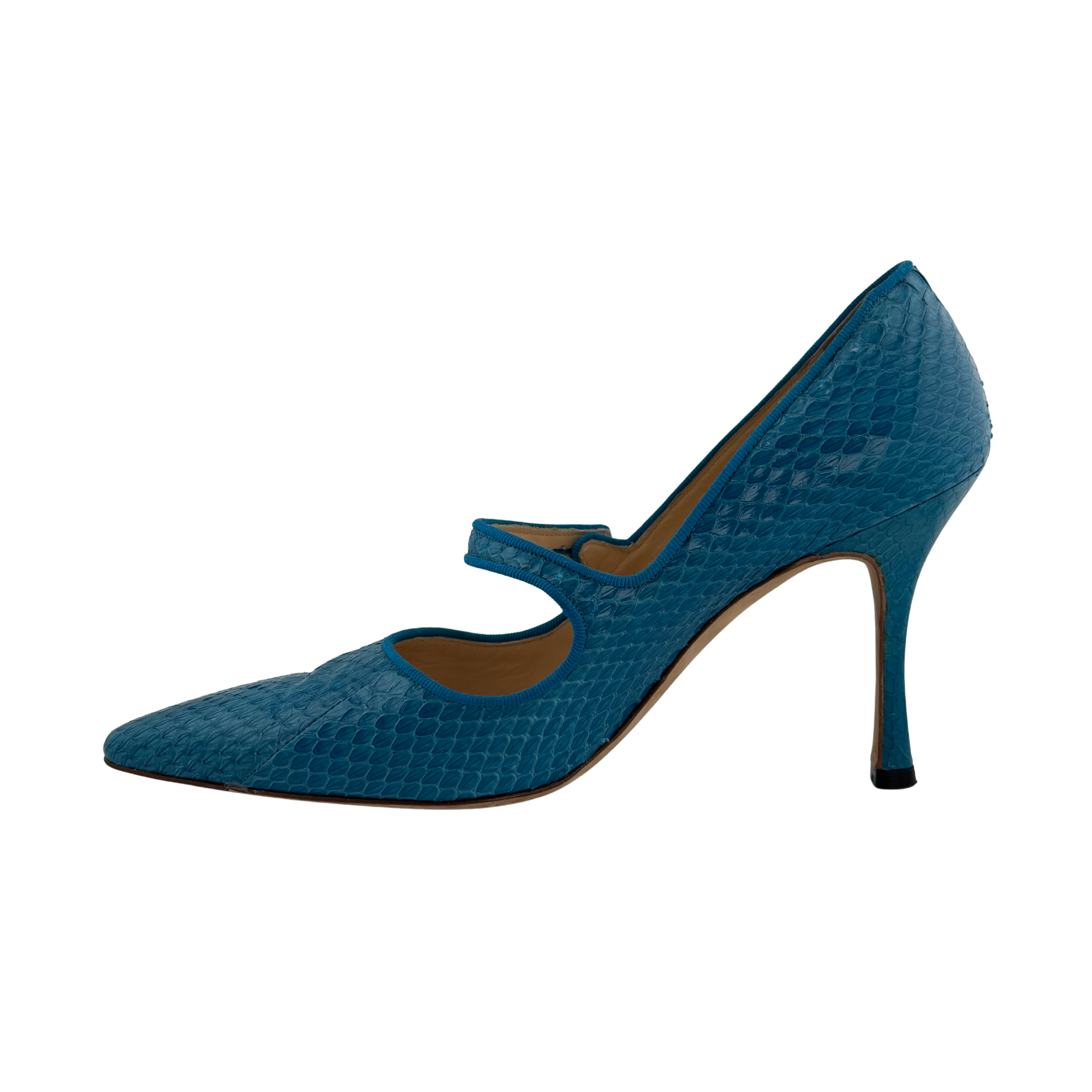 Manolo Blahnik Blue Snakeskin Maryjane Heels, 38.5
