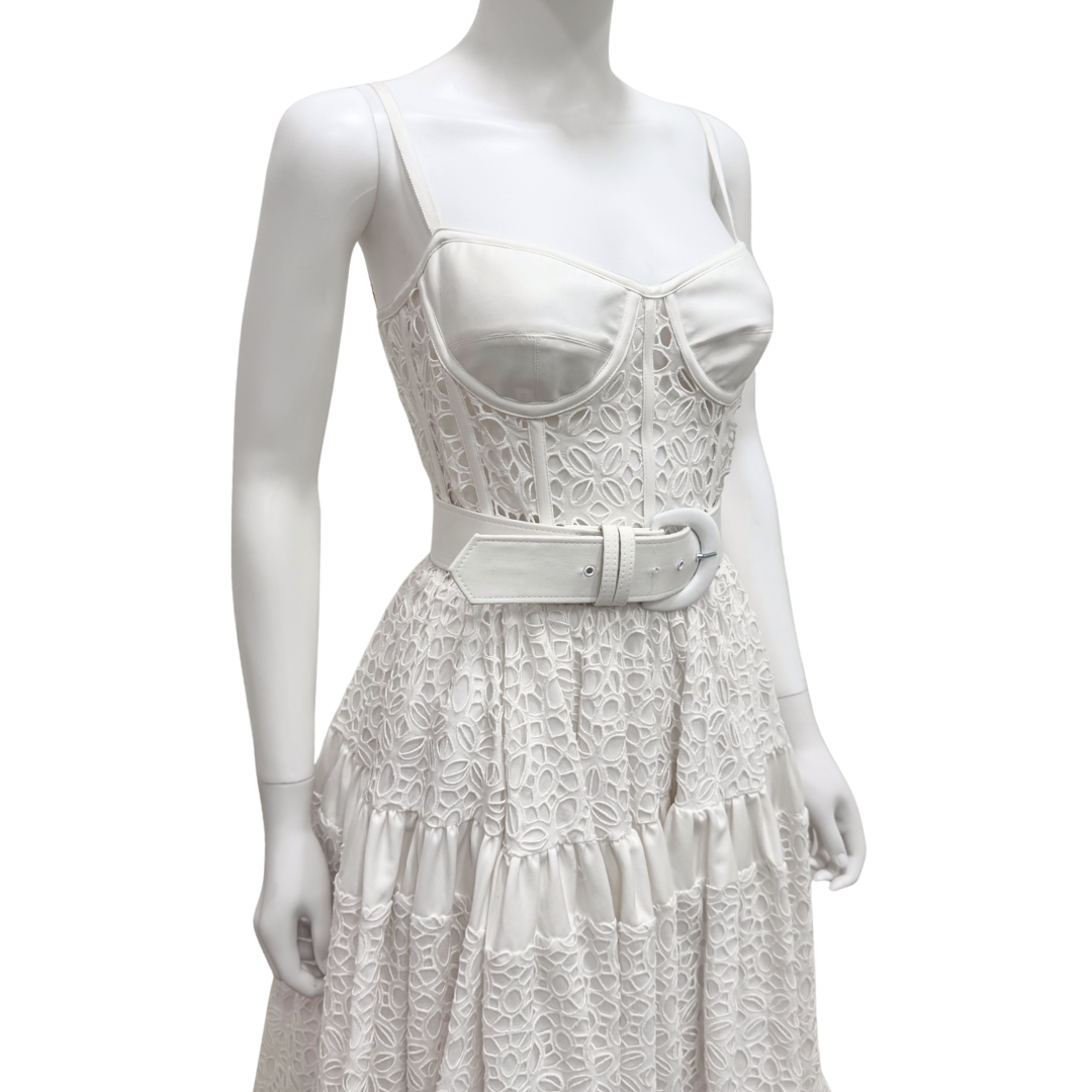 Sergio Hudson White Cotton Lace Belted Dress, 4 (AS IS)