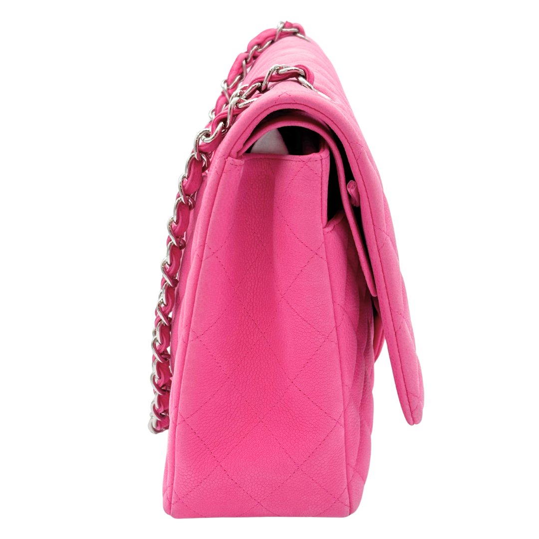 Chanel Classic Maxi Double Flap Bag Neon Pink Caviar Silver Hardware