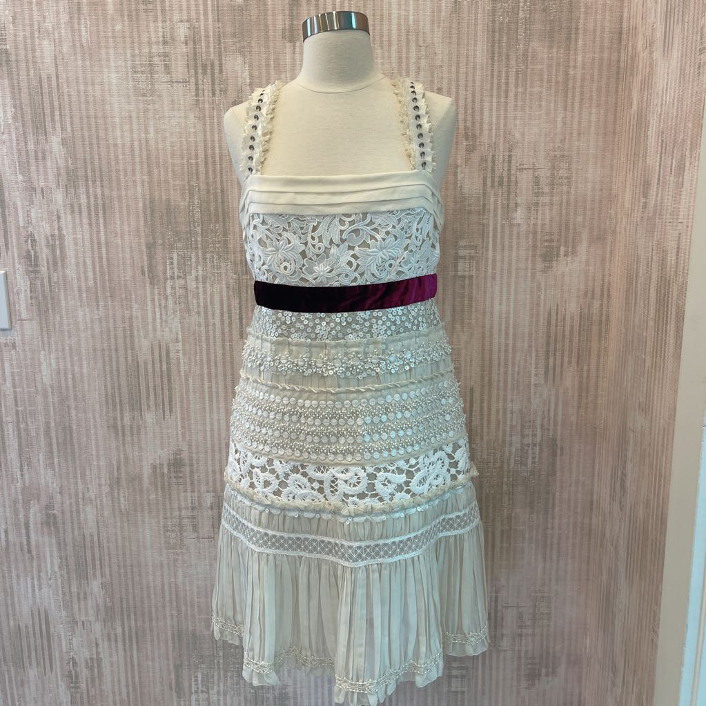Louis Vuitton Ivory Sheer Embellished Purple Band Dress
