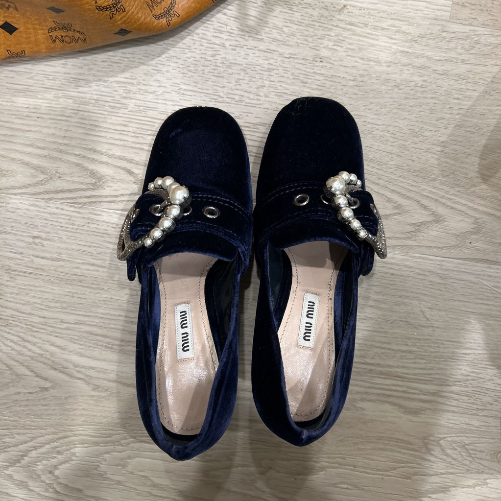 Navy Embellished Velvet Block Heel