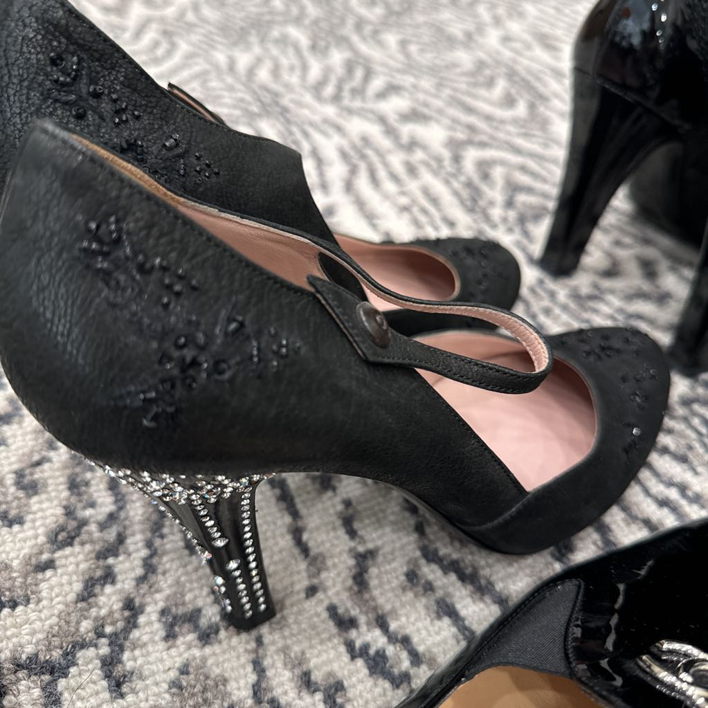 Black Leather High Heel with Rhinestone Heel