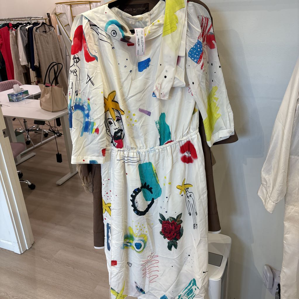Marc Jacobs x Magda Archer Graffiti Print Silk Tie-Neck Dress US 6
