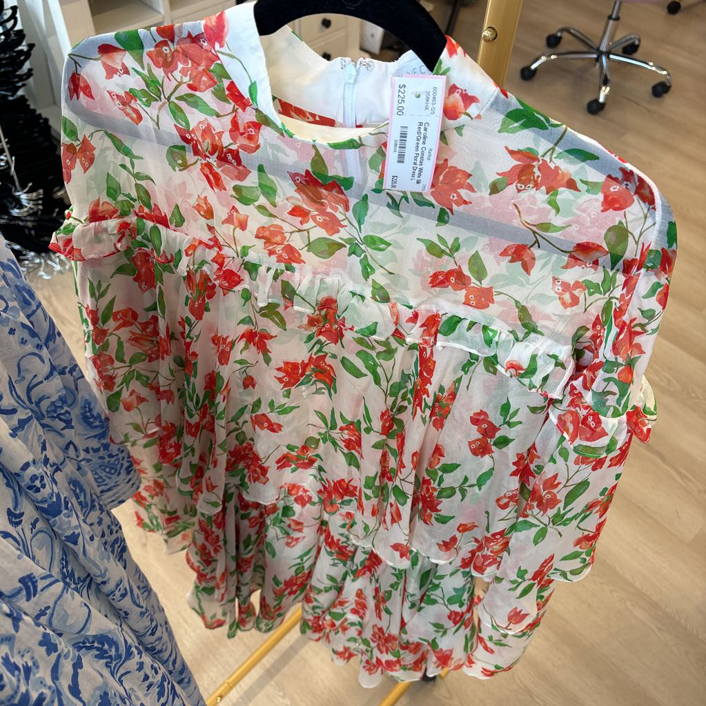White Silk Red/Green Floral Dress