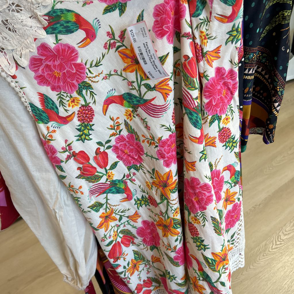 Farm Rio One Shoulder White and Parrot Floral Dress