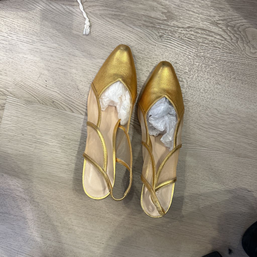 Gold Strappy Closed Toe Heel