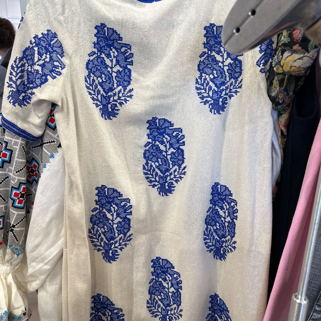 Cream and Blue Silk Pattern Dress