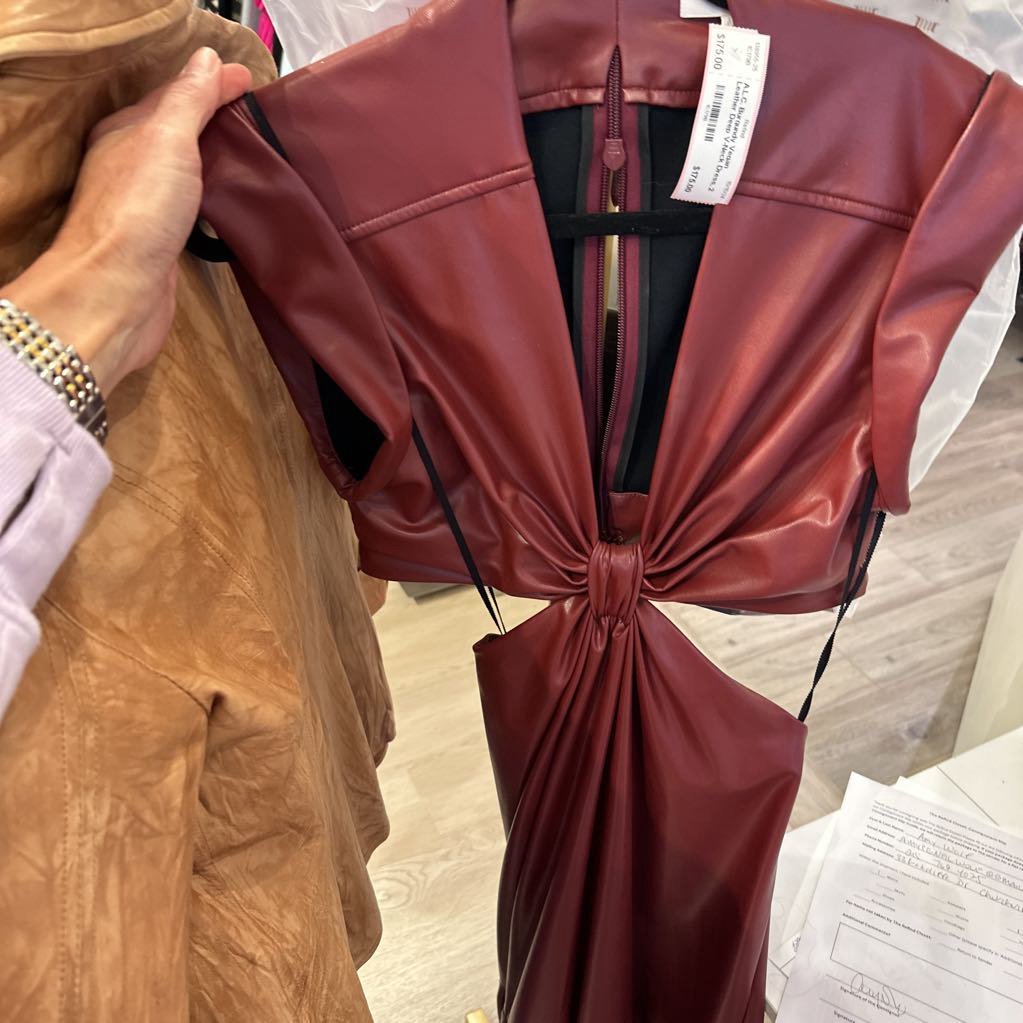 Burgundy Vegan Leather Deep V-Neck Dress, 2