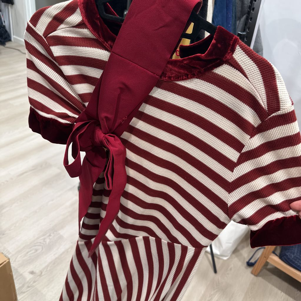 Cream and Red Striped Asymmetrical Hem Dress w/Belt