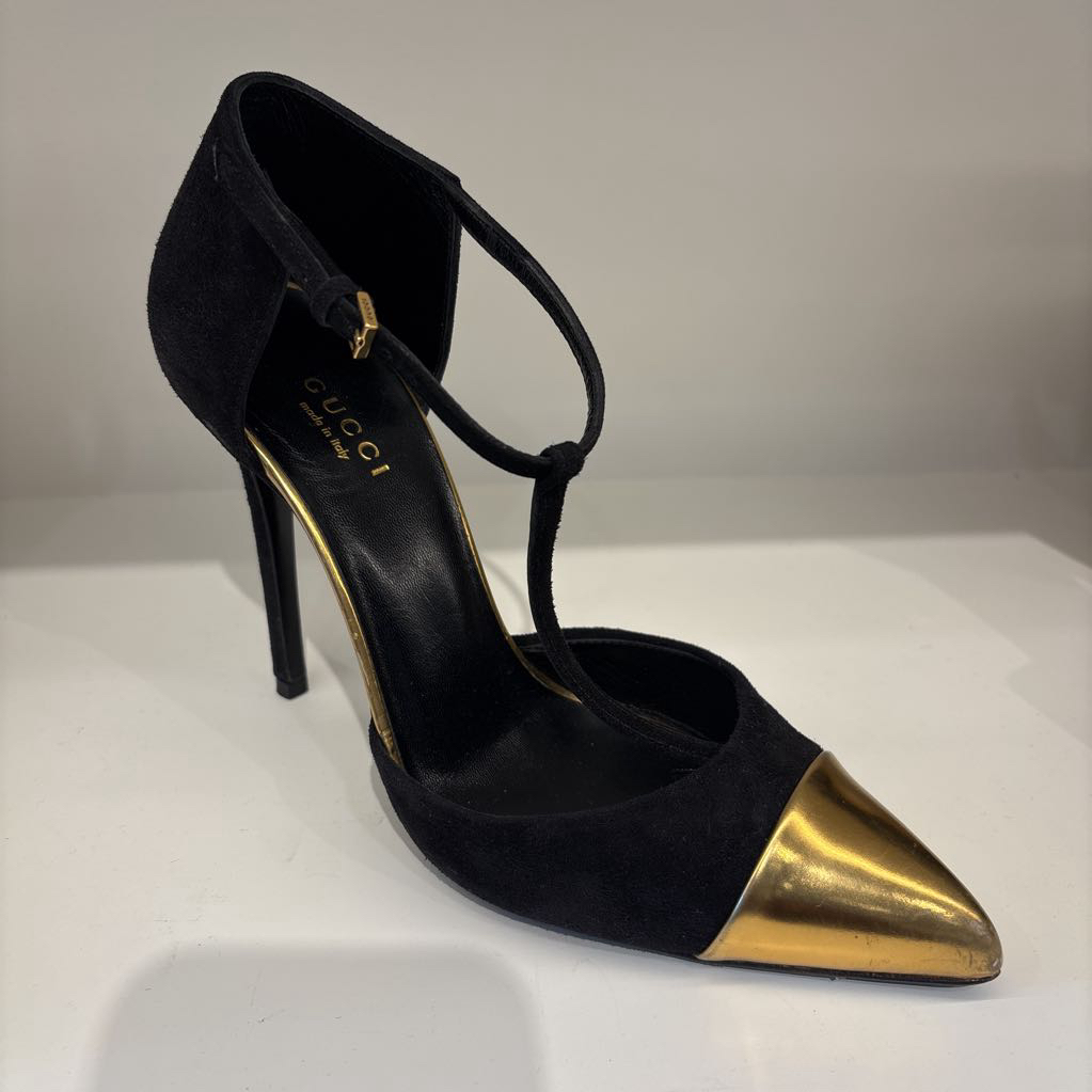 Gucci Gold Cap Toe T-strap Pump, 36