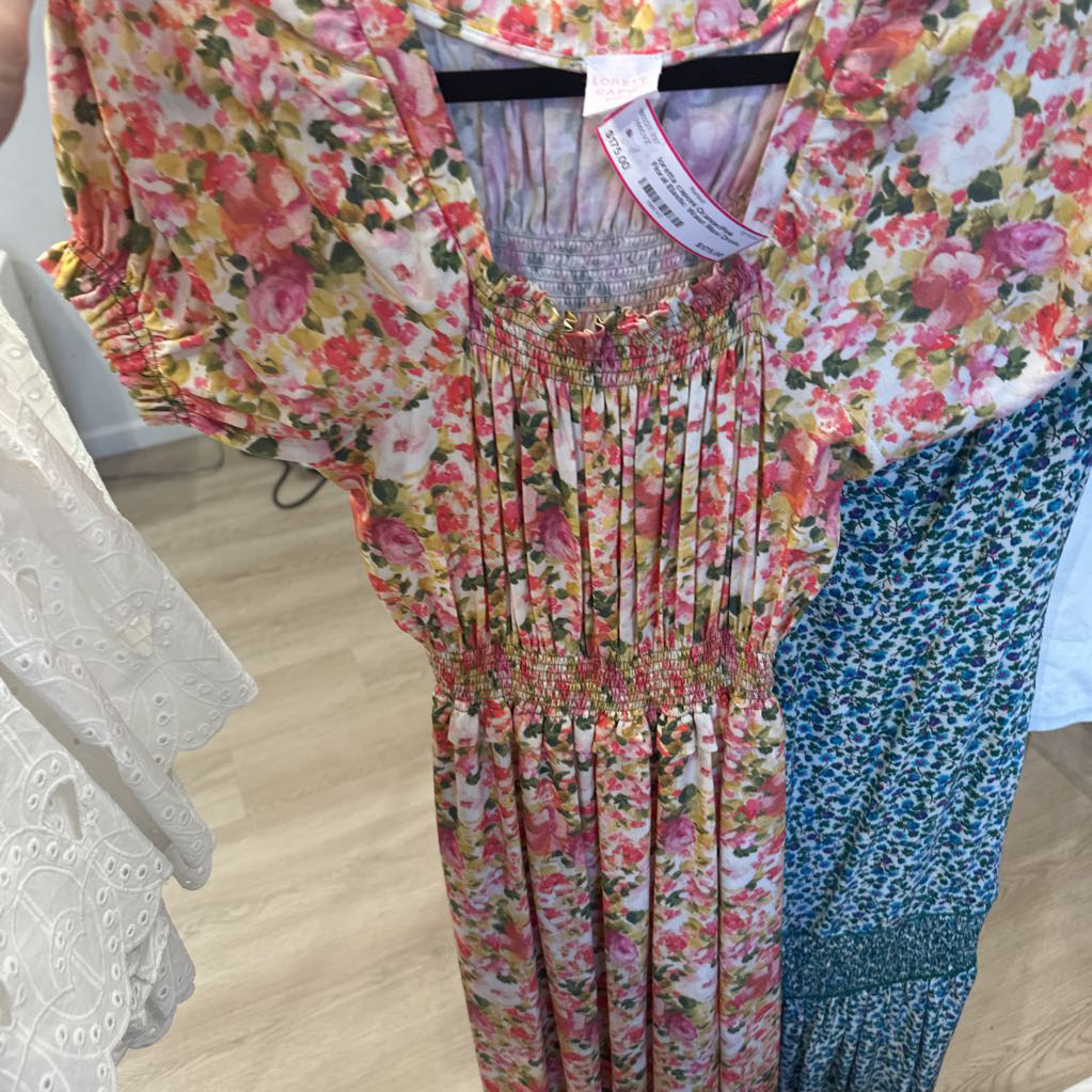 Orange/Pink Floral Elastic Waist Maxi Dress, n/a