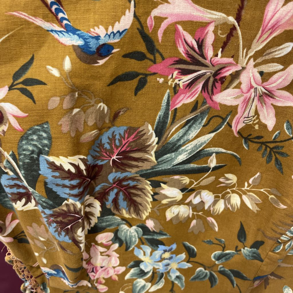 Gold Linen Bird Pattern Dress
