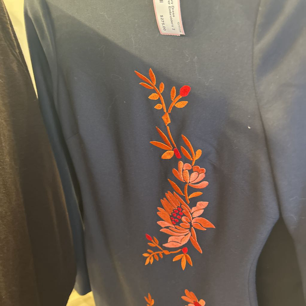 Cinq a Sept Navy Dress w/Orange Flower Embroidery
