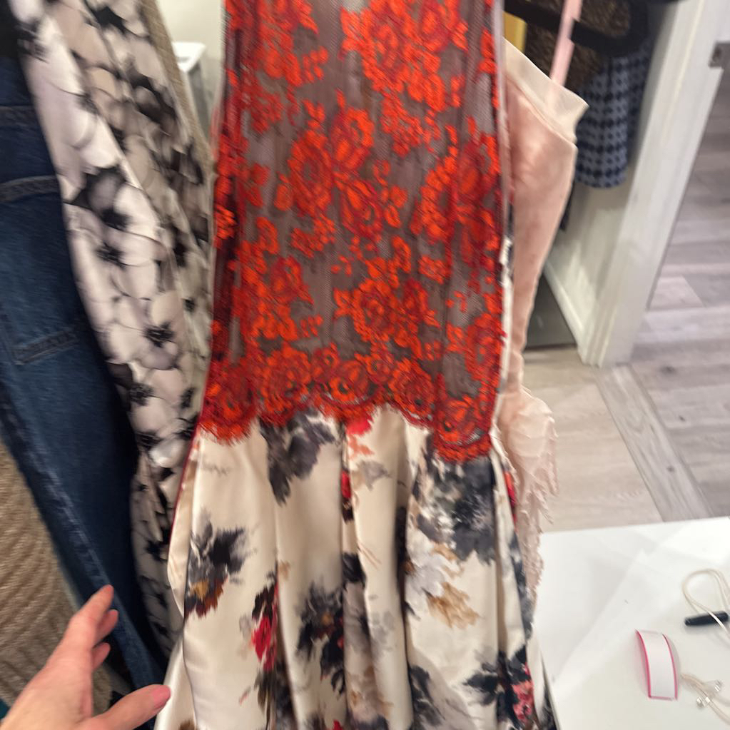 Cream Floral Red Lace Dress, 4