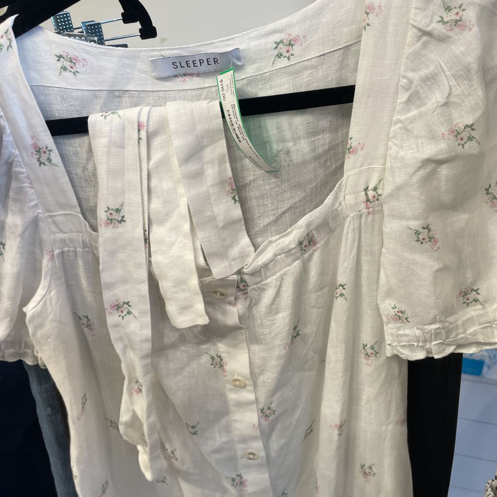 White Floral Linen Dress w Belt