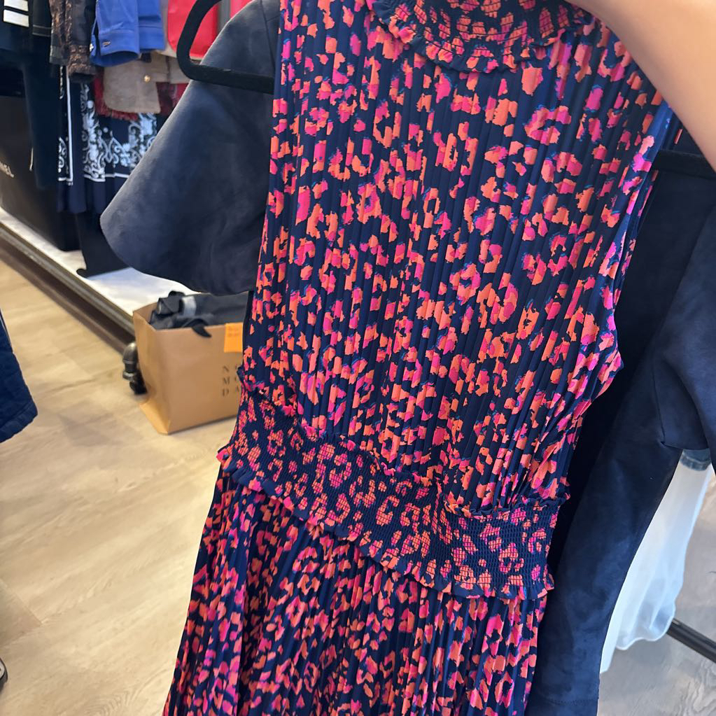 Navy/Orange/Pink Print Ruched Dress