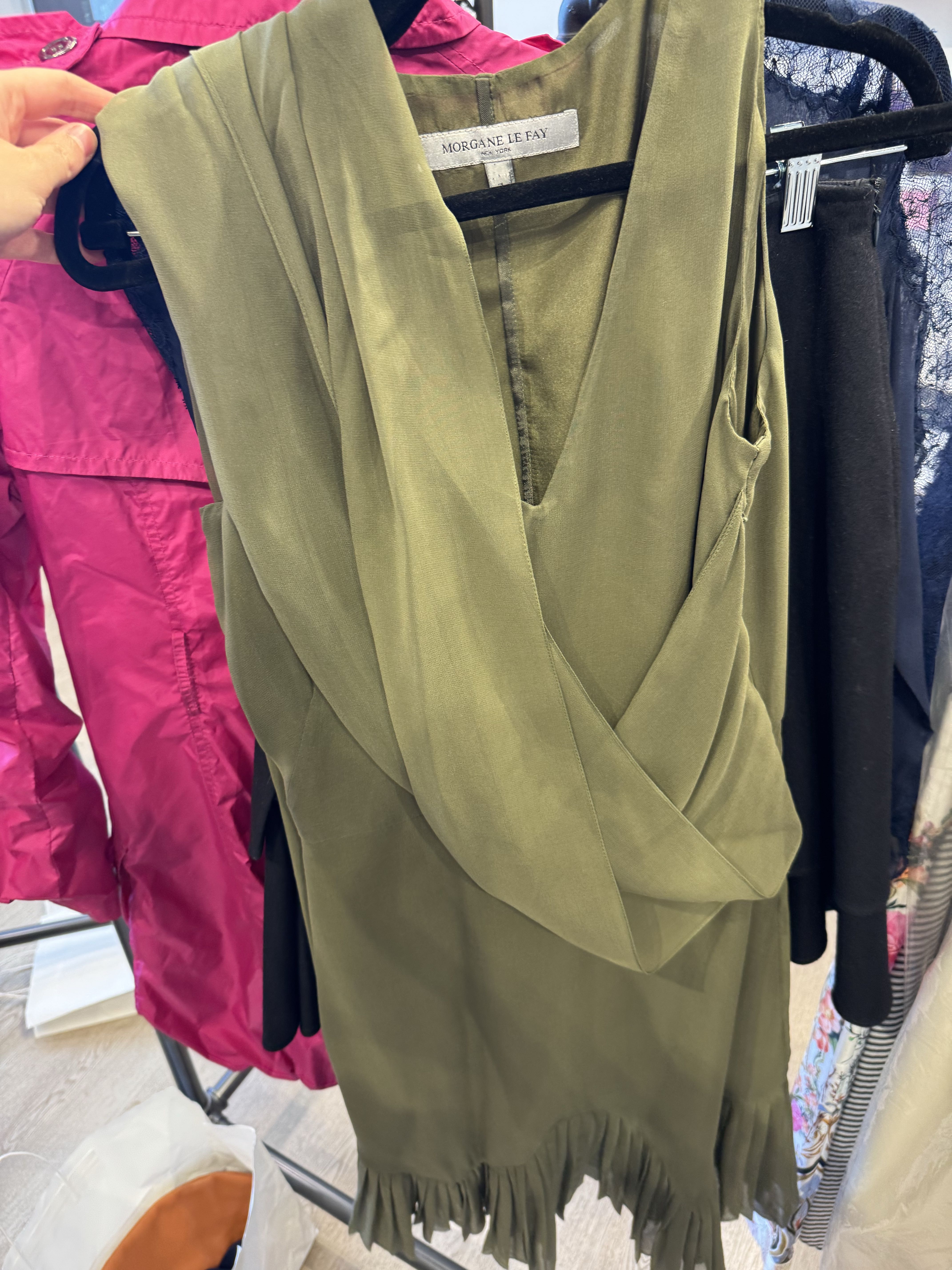 Olive Green Silk Drape Pleat Hem Dress