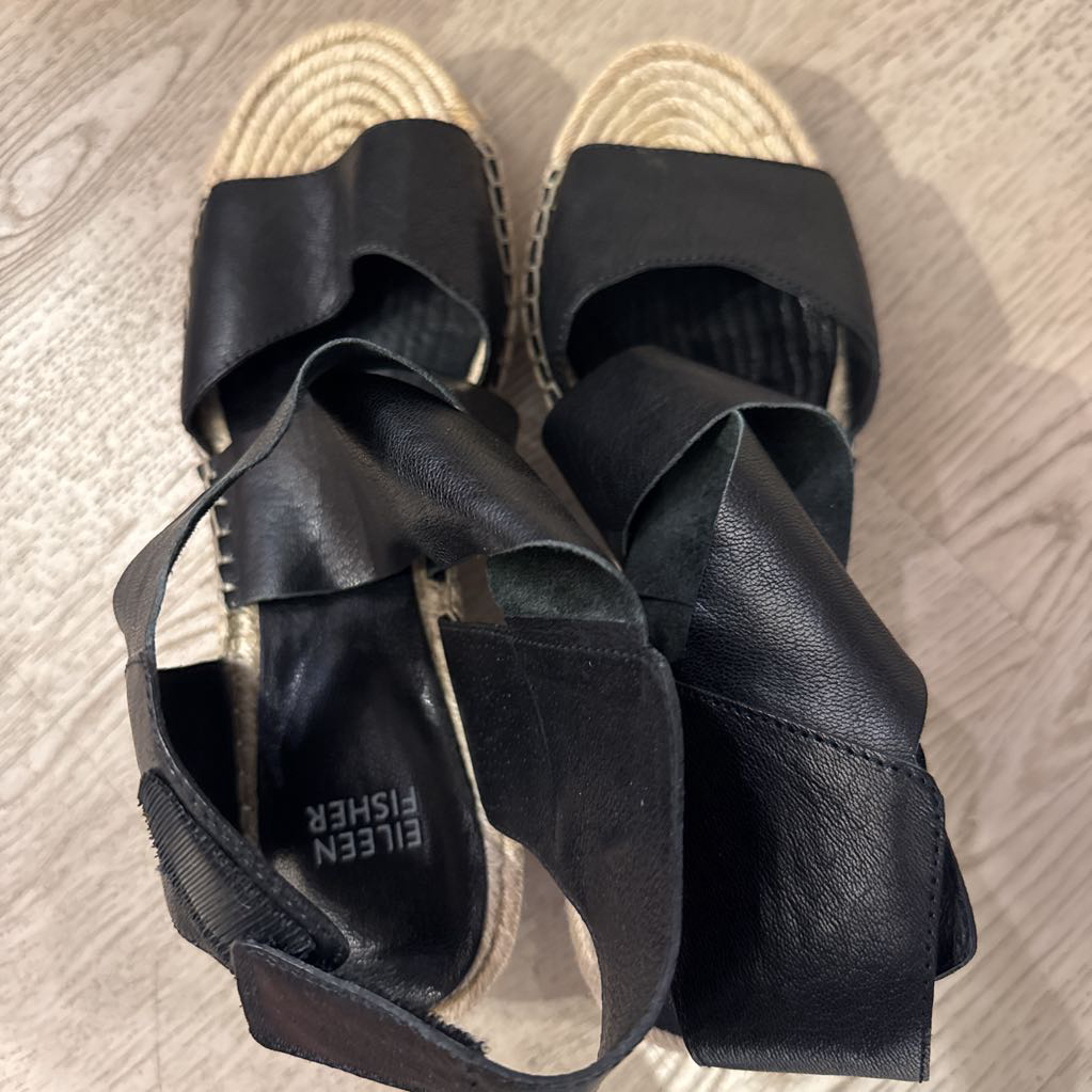 Black Leather Espadrille Wedges