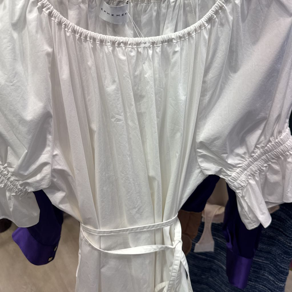 White Cotton Ruffle Hem Belted Dress