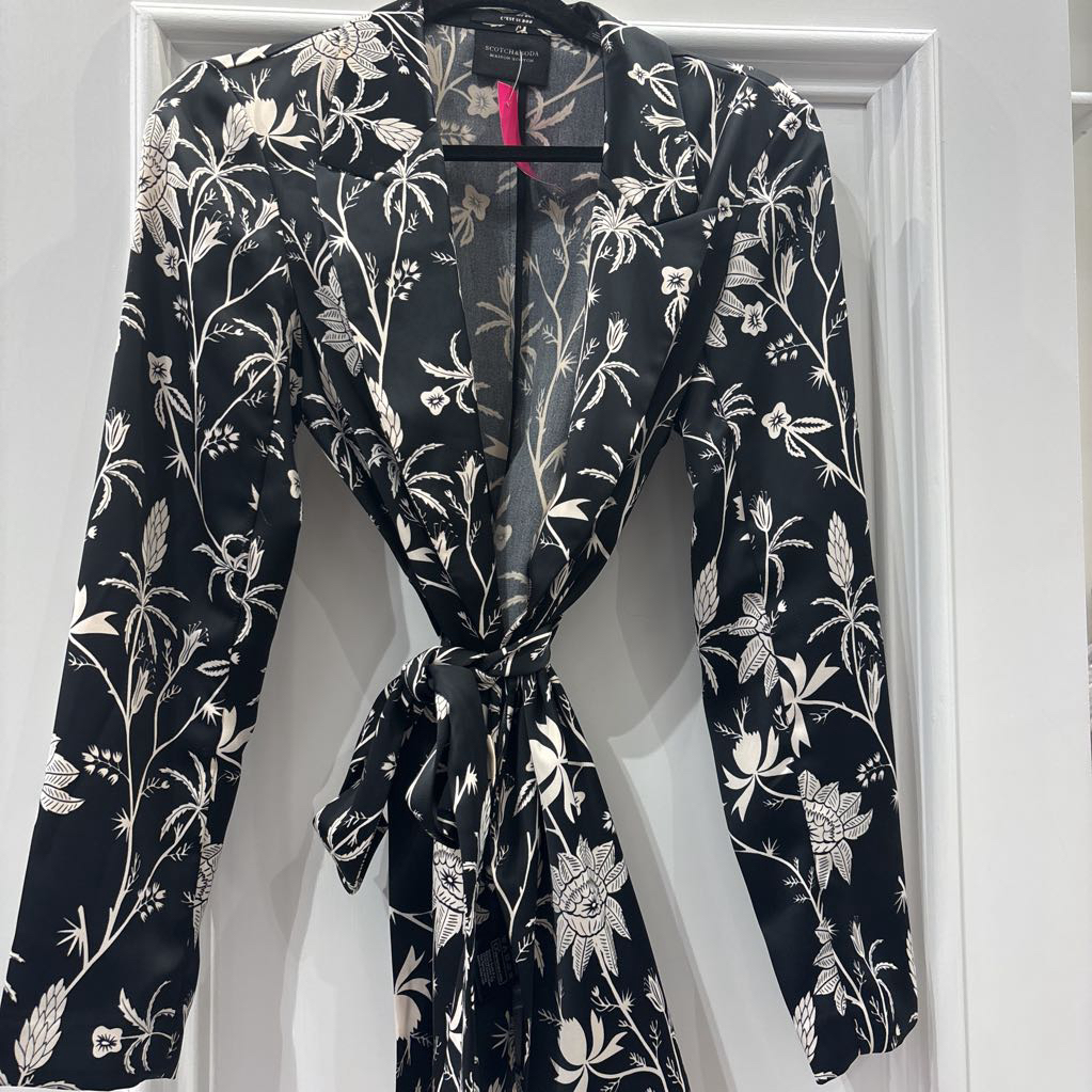 Black/White Pattern Poly Wrap Dress