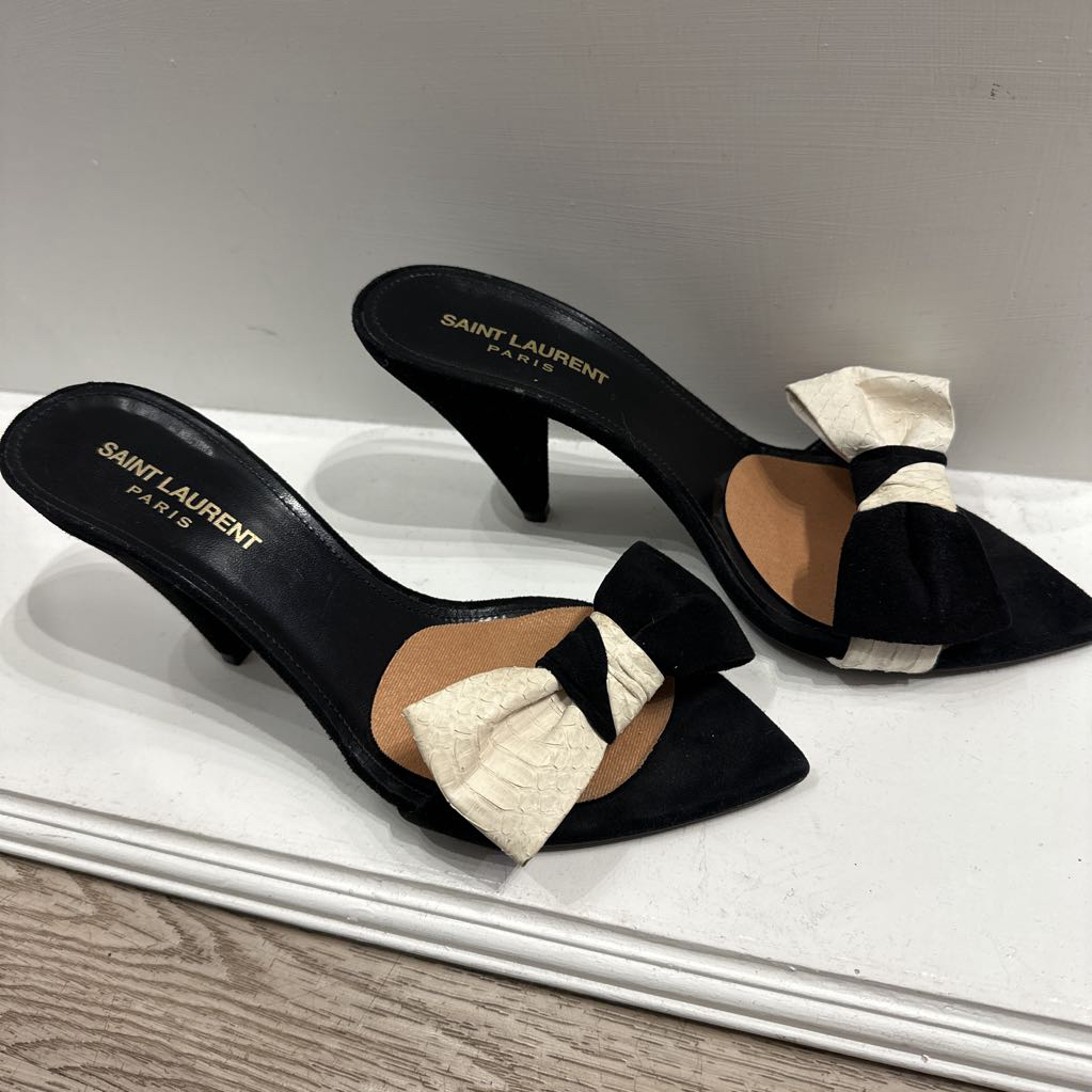 Black Suede Cream Bow Mule Heel