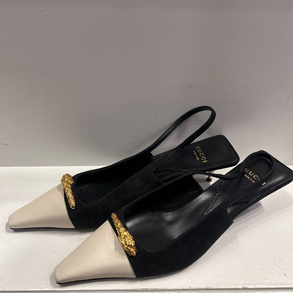 Black Suede Cream Leather Cap Slingback, 40