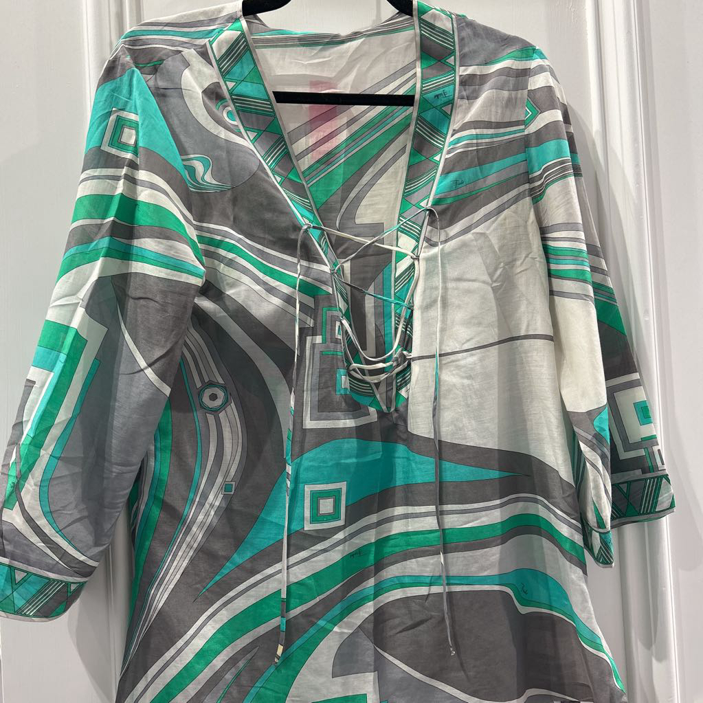 Cream Grey Print Silk Blend Swim Cover Up, n/a (as is stain on front)