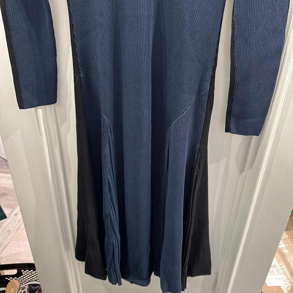 Navy/Black Viscose Ribbed Mid Length Dress