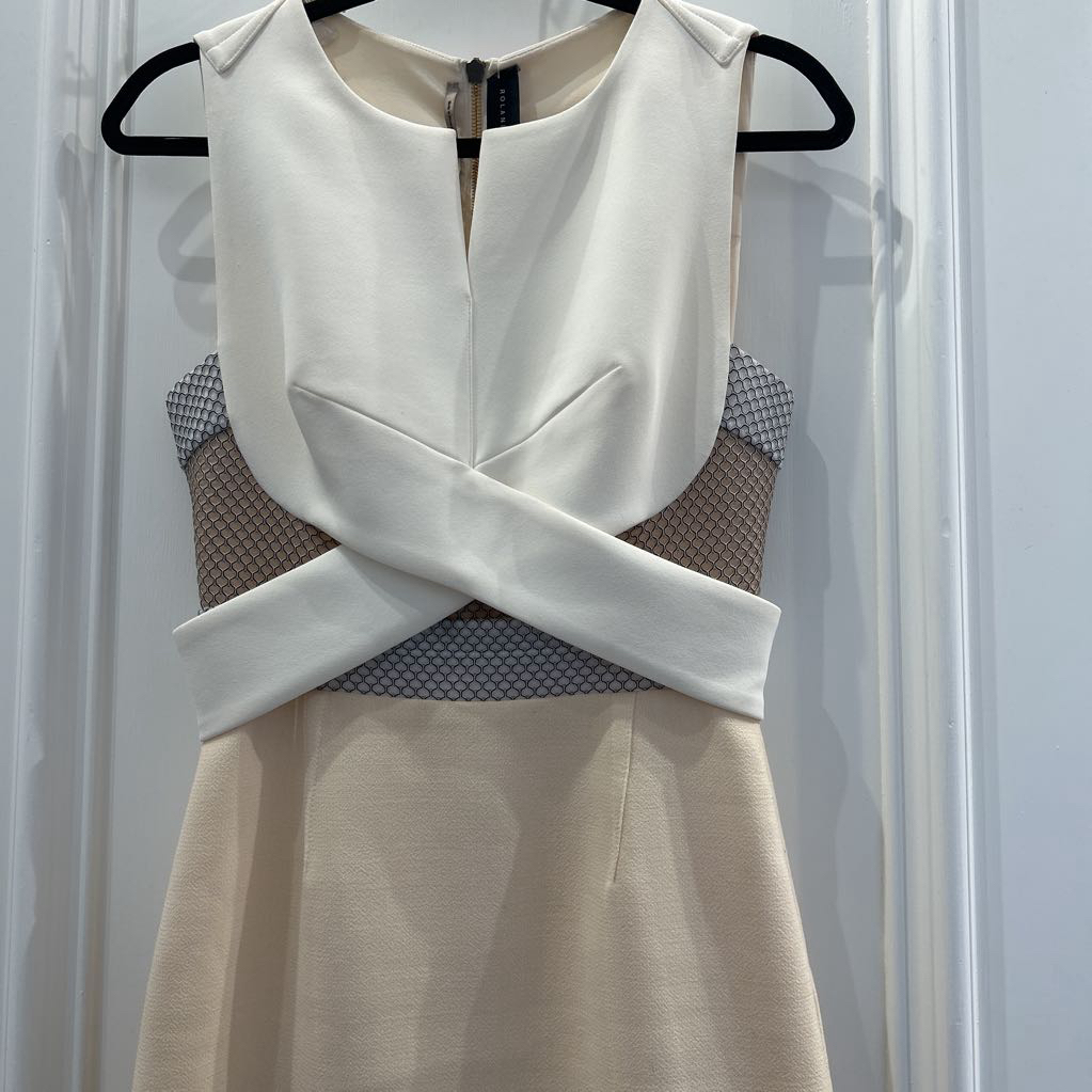 Cream Cross-Front Textured Knee Length Dress