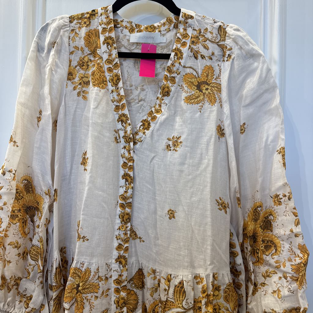 White/Gold Linen Belted Midi Dress