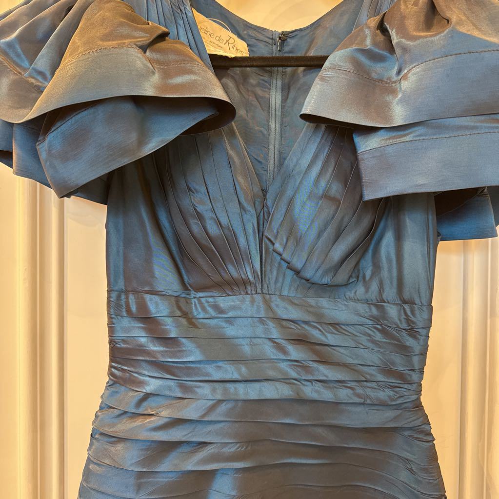 1983-1986 Navy Pleated Silk Ruffle Sleeve Dress