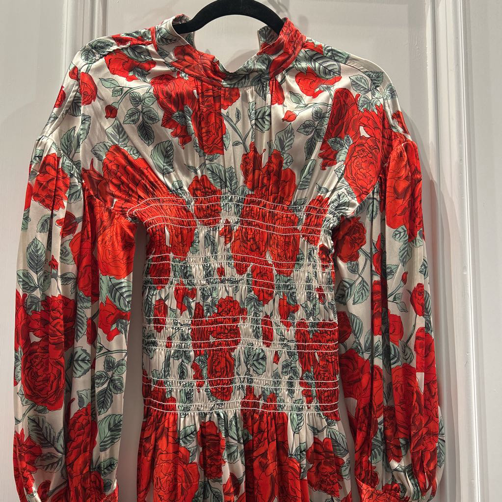 White/Red Rose Print Silk Mini Dress