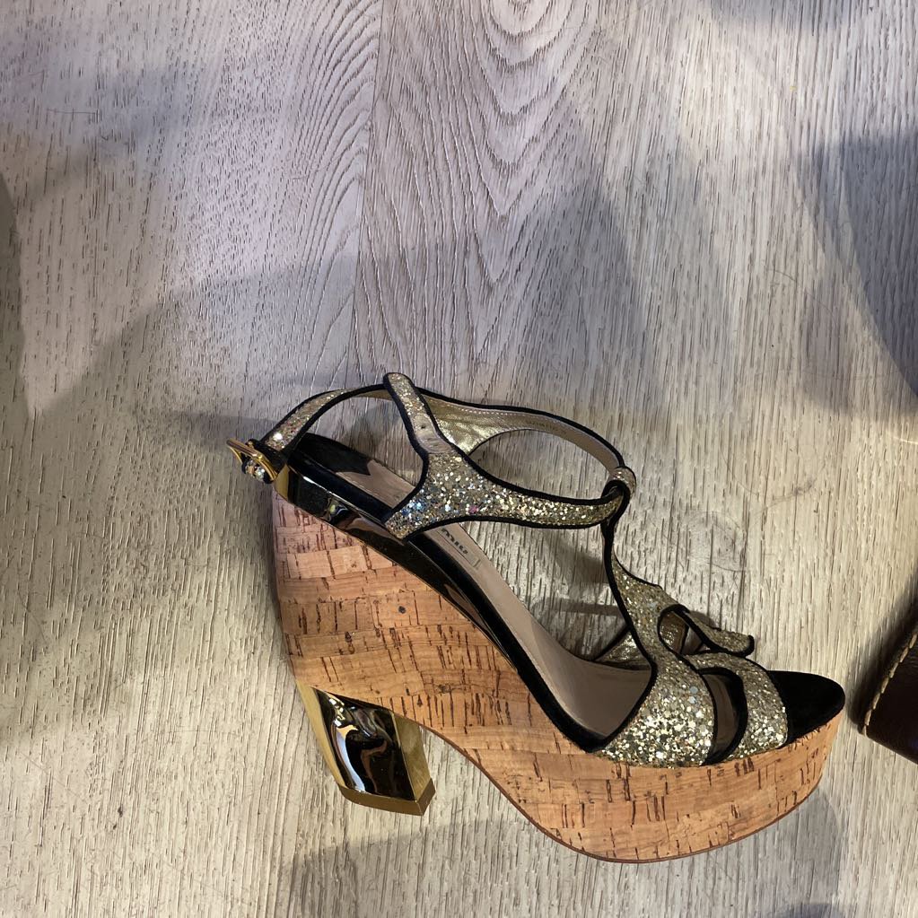 Gold/Black/Cork Wedge Sandals