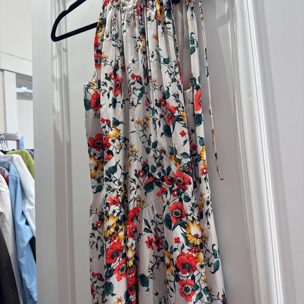 White Floral Print Silk Midi Dress