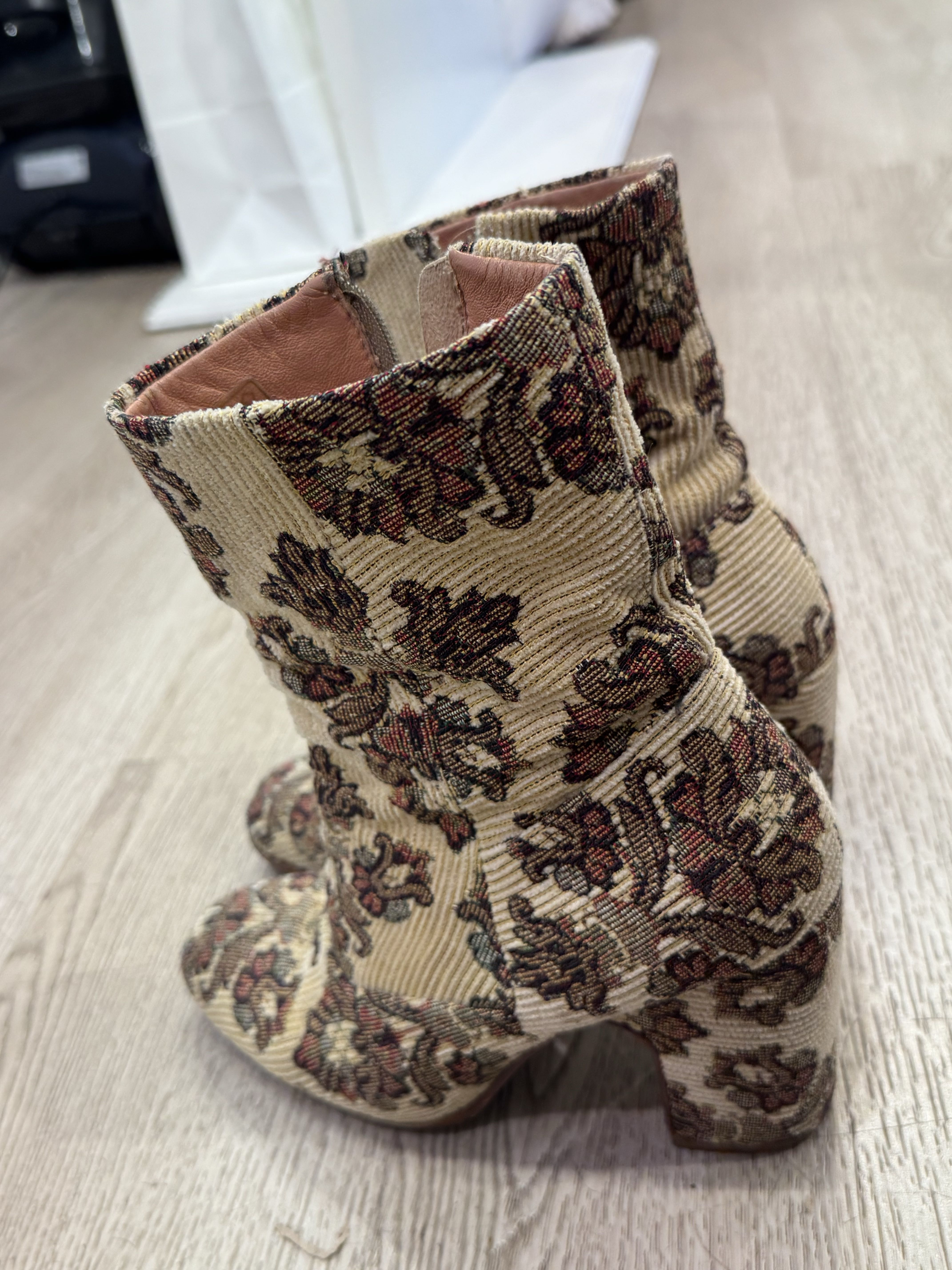 Beige Floral Tapestry Heeled Boots