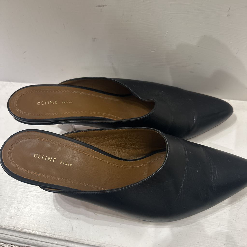 Black Leather Silver Heel Mules, 37