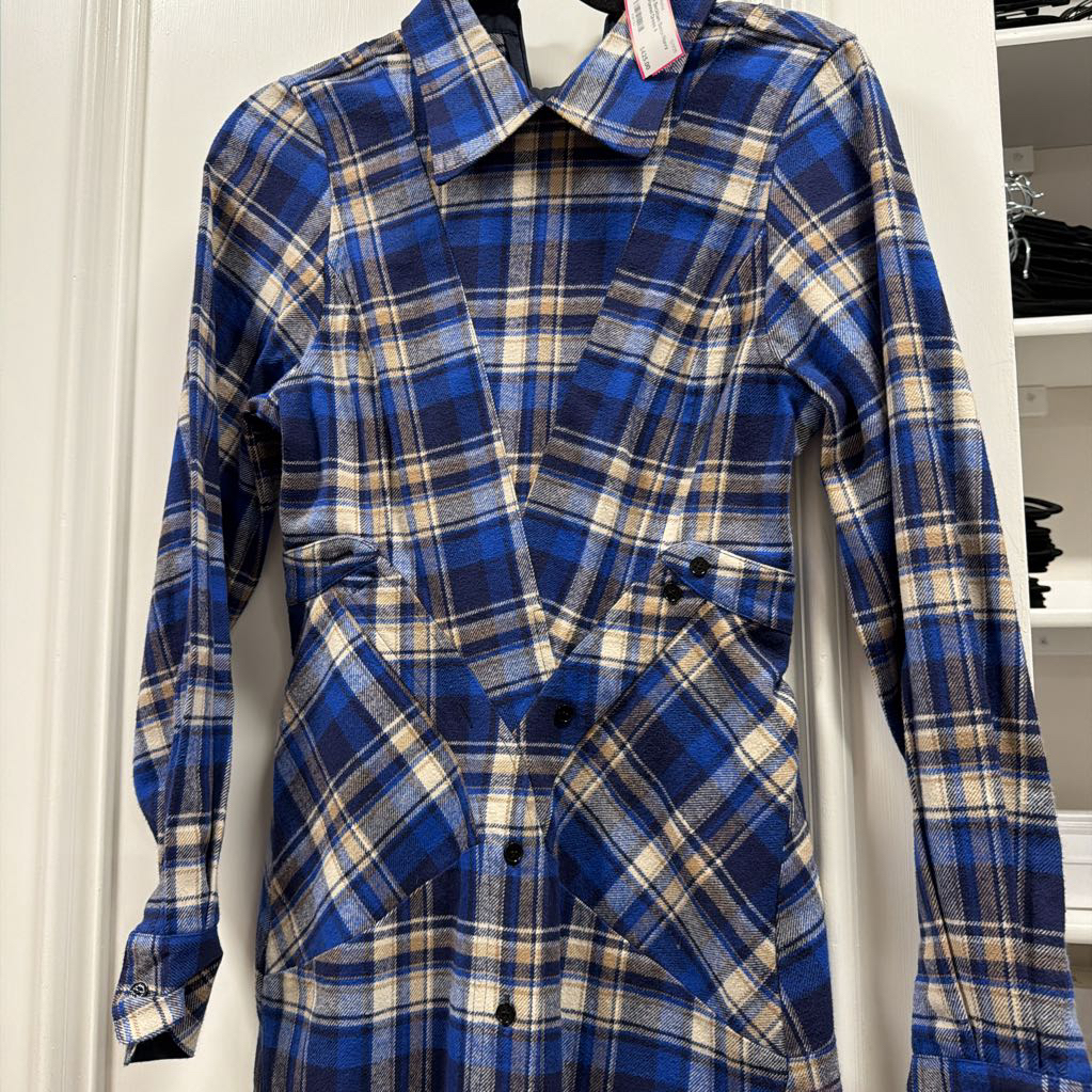 Beige/Navy Plaid Flannel Dress