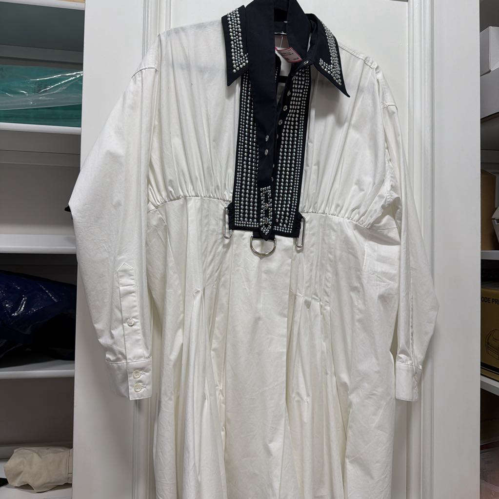 White Cotton Studded Belted Dress (1090)