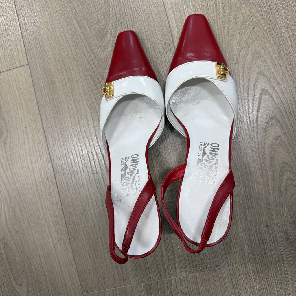 Ferragamo Red And White Sling Back