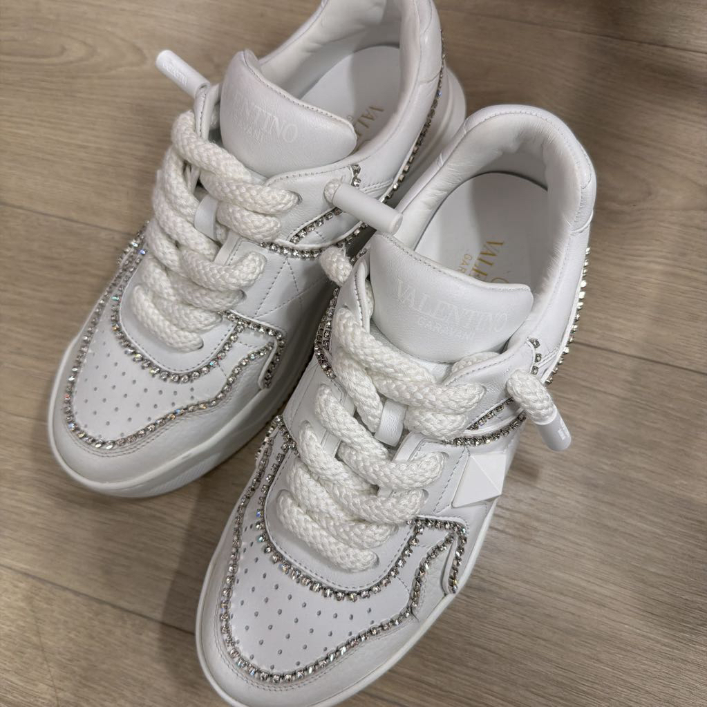 White Leather One Stud Crystal Sneaker, 38.5