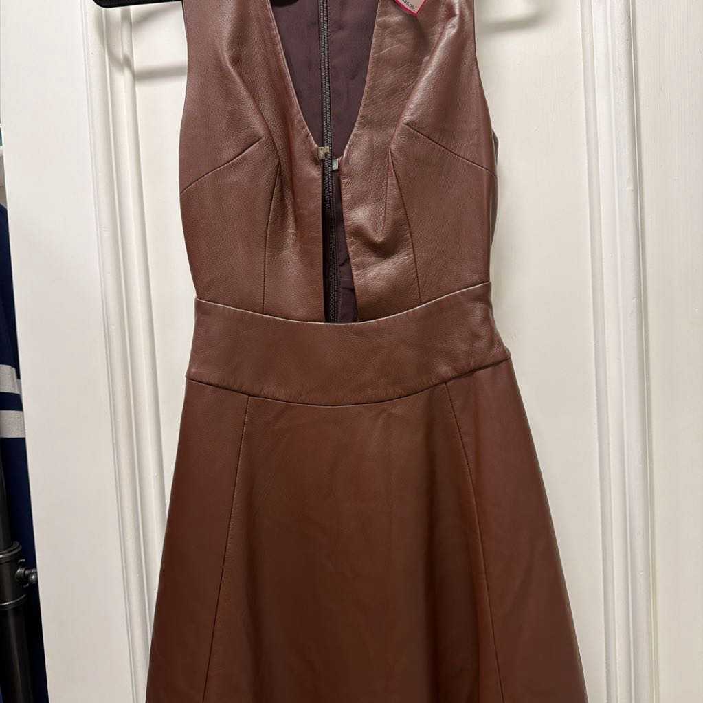 Brown Leather V-Neck Dress (As is Wear on Metal)