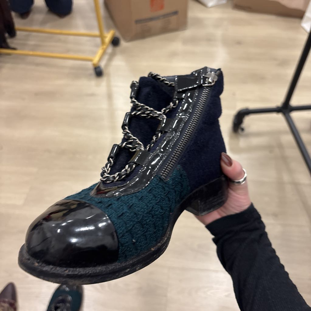 Green/Blue Tweed Chain Boot (As Is)