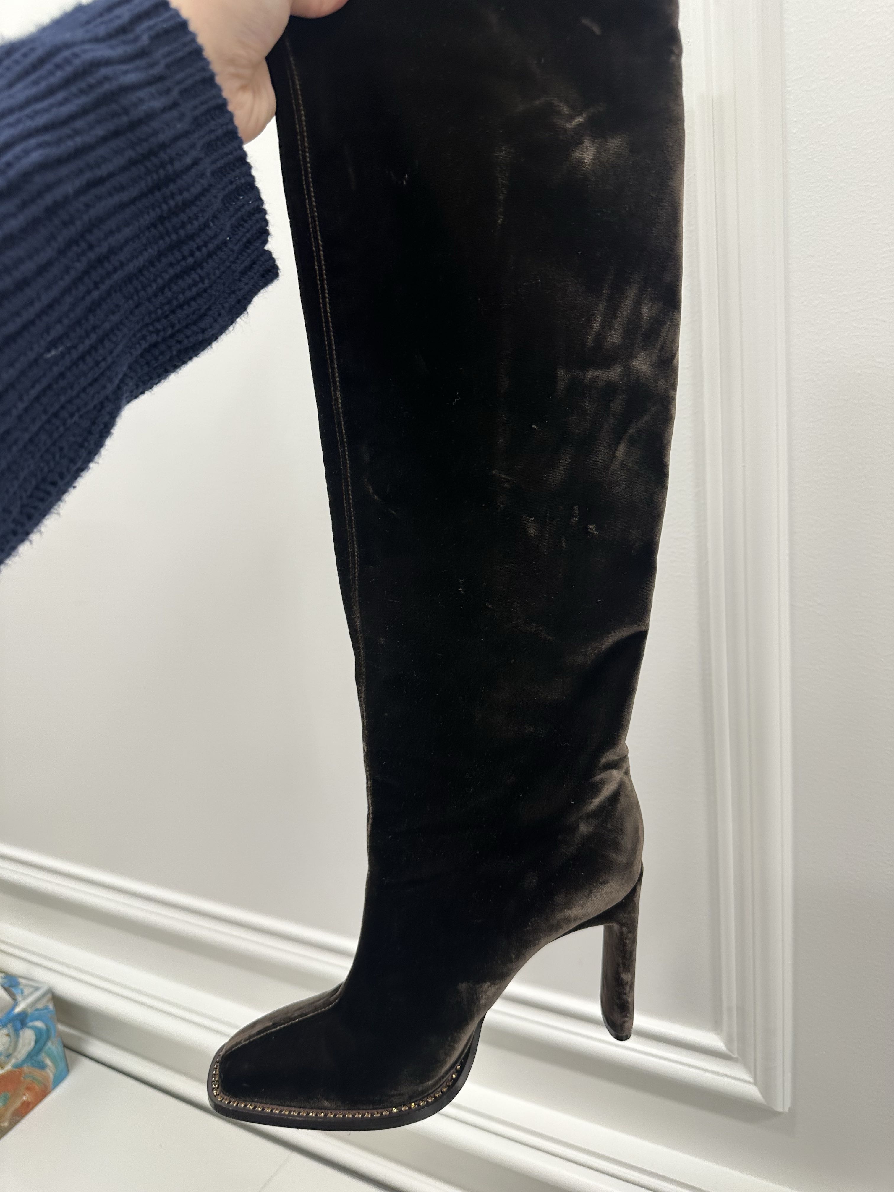 Brown Velvet Knee High Boots