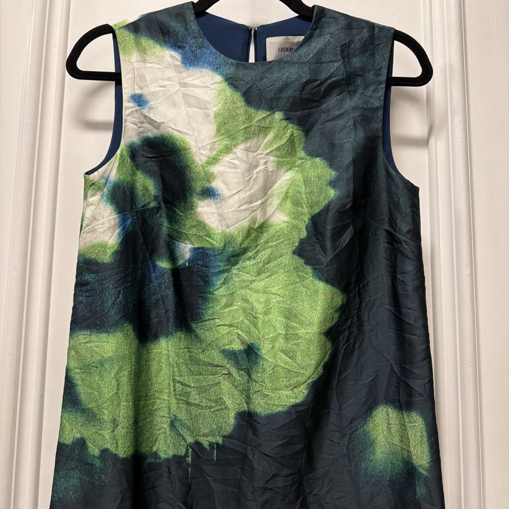 Navy/Green/Cream Silk Print Dress (NWT)