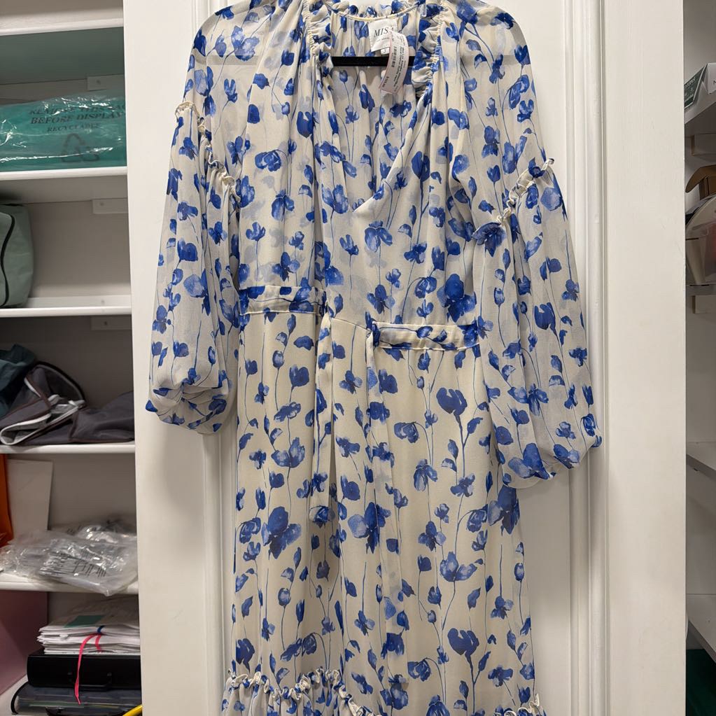 White/Blue Floral Chiffon Ruffle Hem Dress