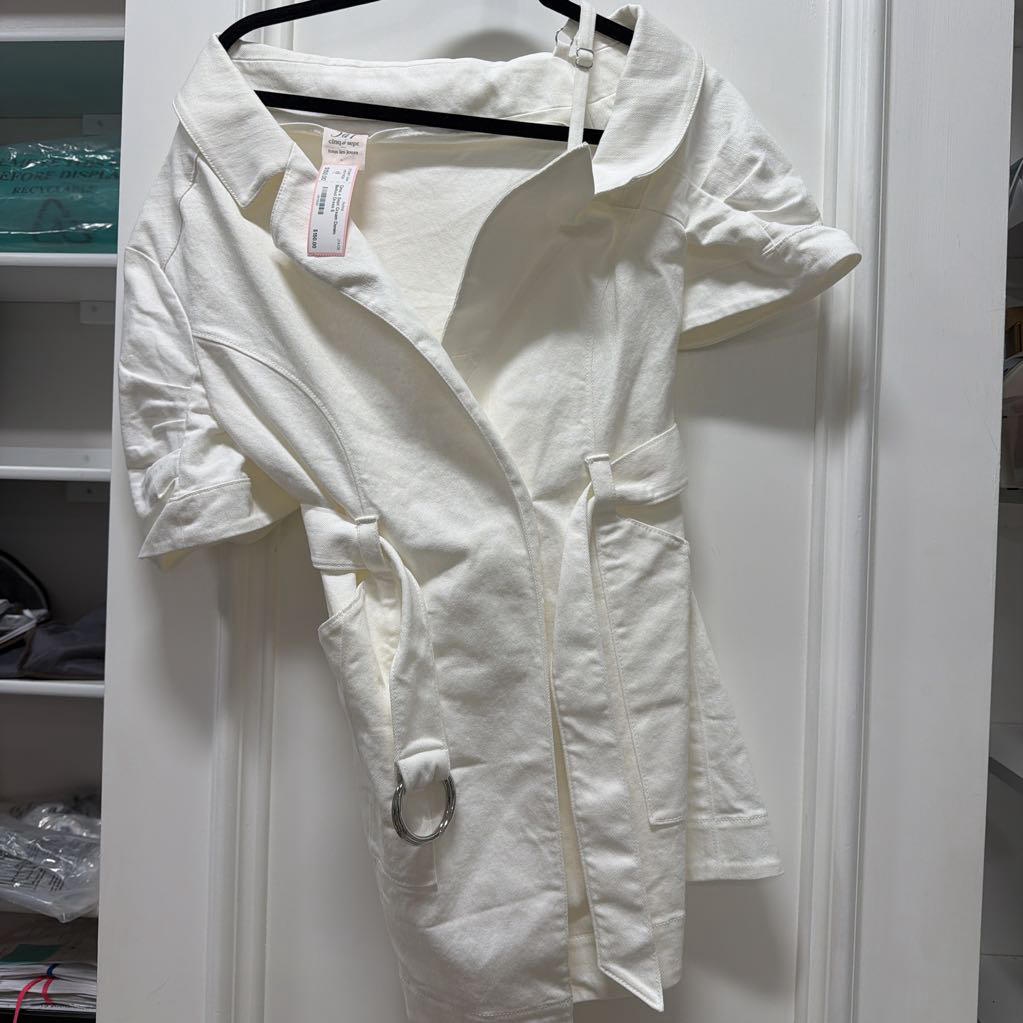 Cream Denim Belted Dress