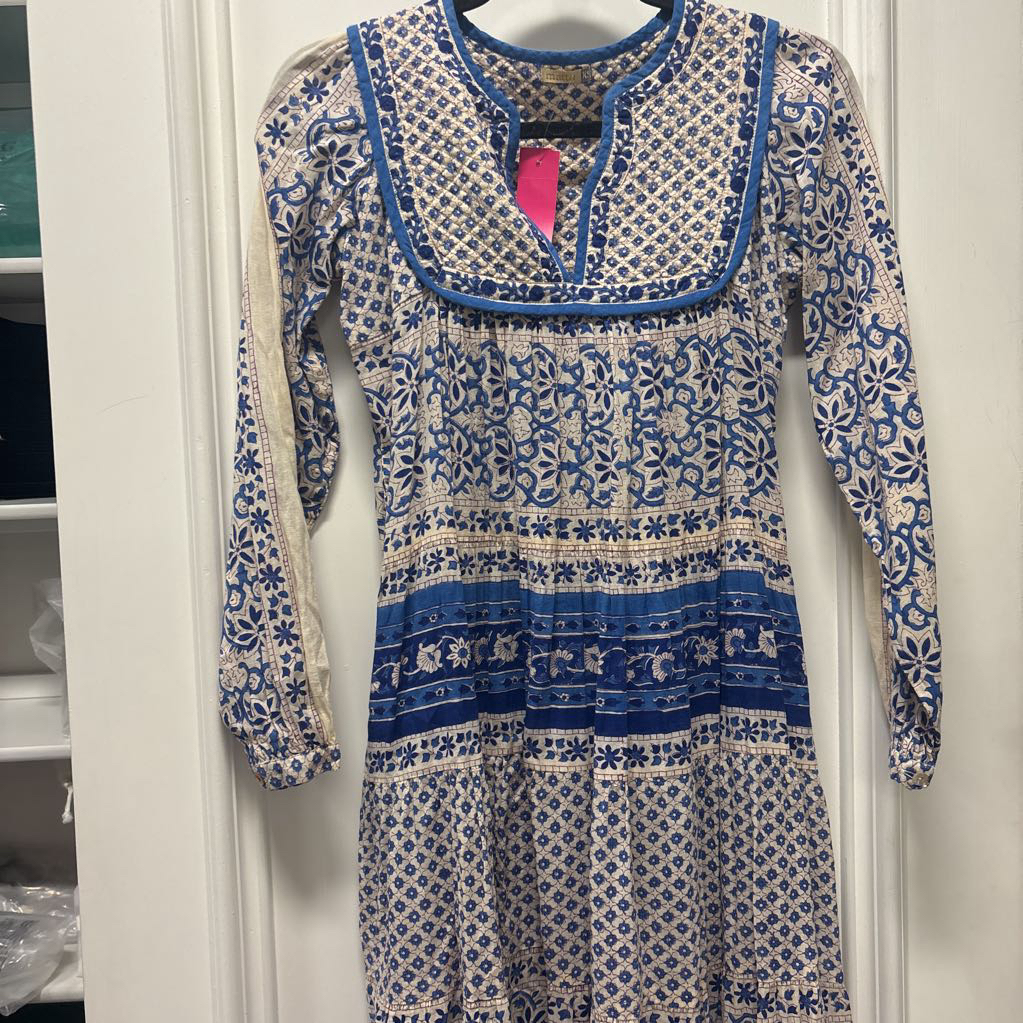 Blue Floral Cotton Midi Dress, XS