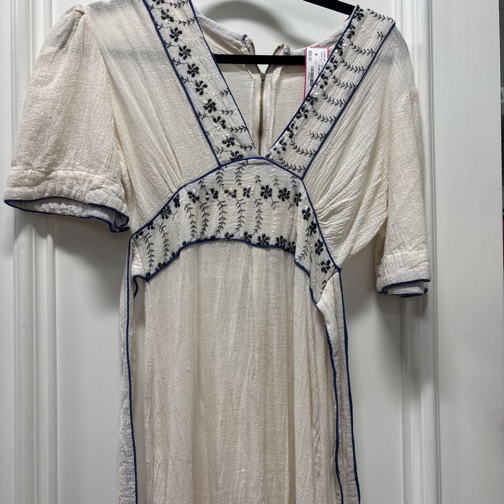 Ivory Cotton Black Embroidered Maxi Dress, M
