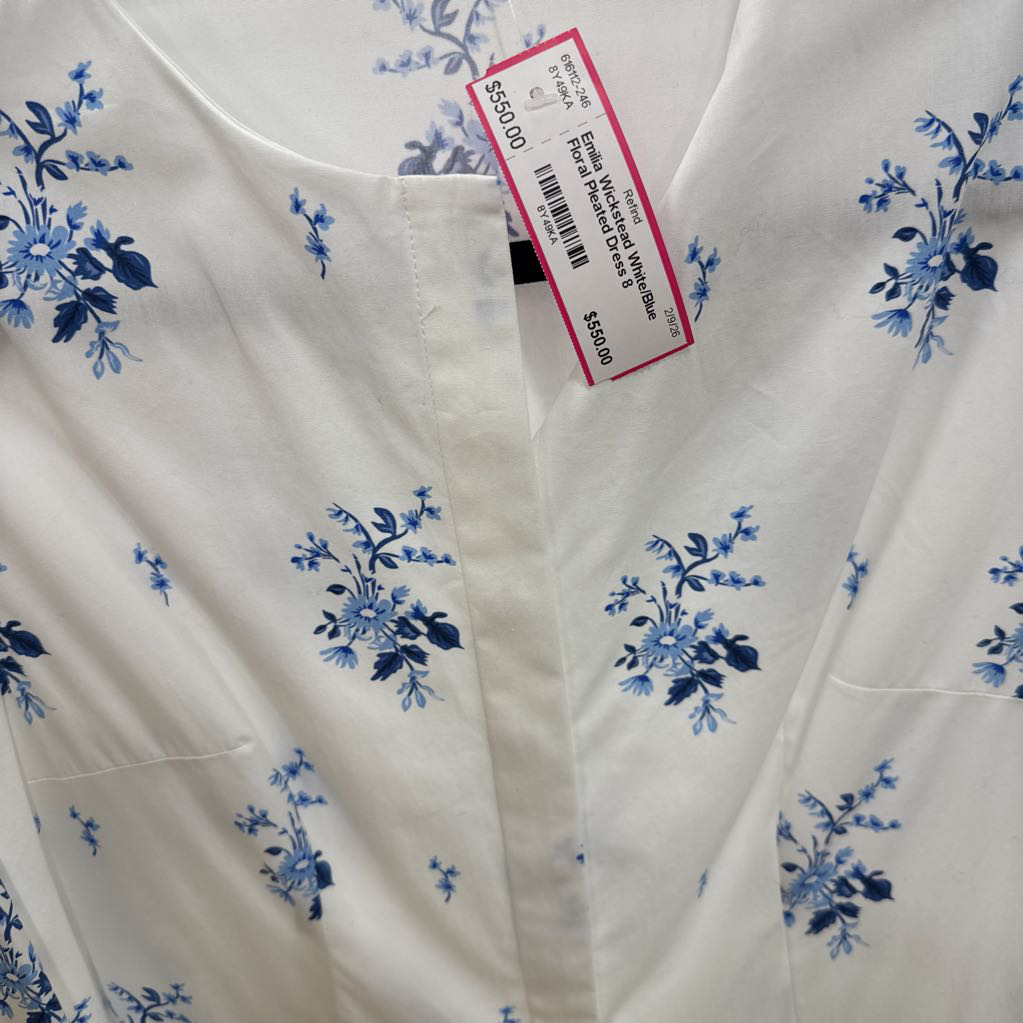 White/Blue Floral Pleated Dress