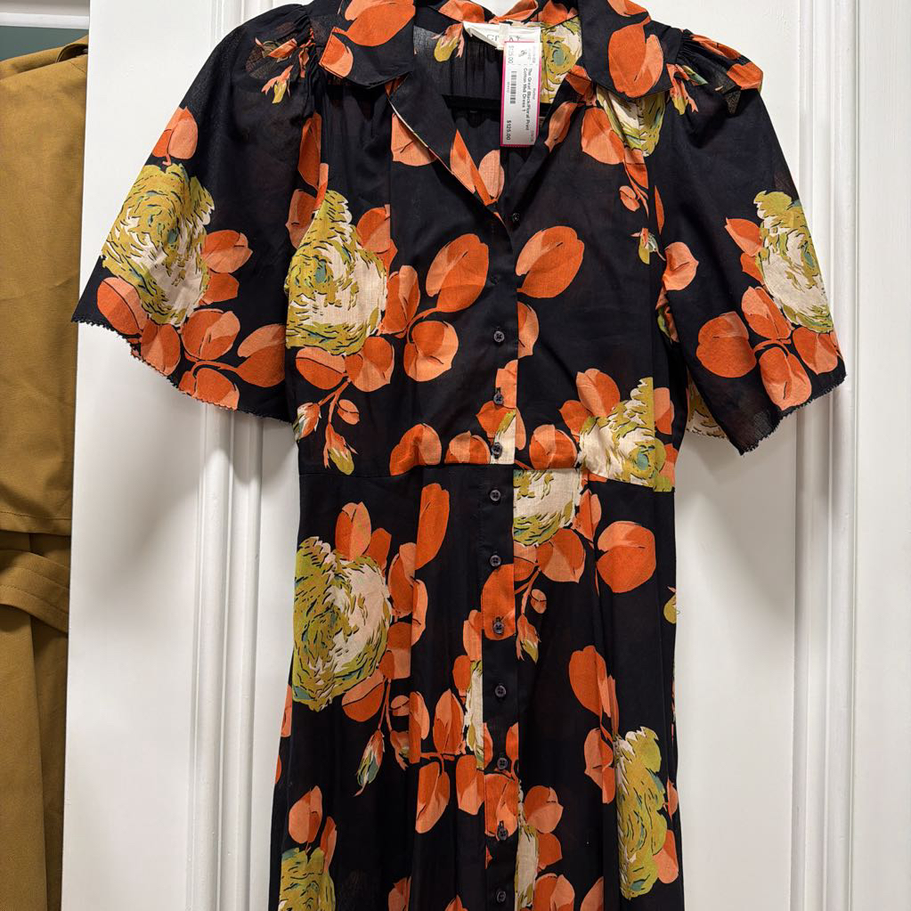 Black/Floral Print Cotton Midi Dress